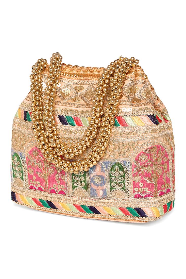 Peach embroidery potli bag handmade wristlet handbag stylish purse ethnic fashion bag for women