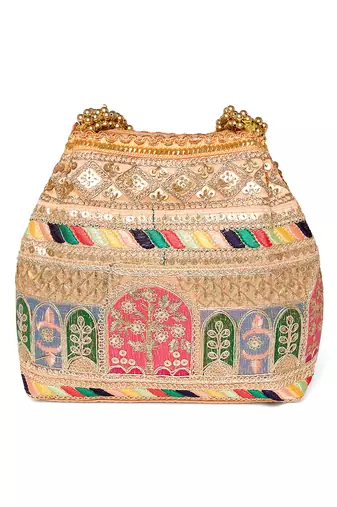 Peach embroidery potli bag handmade wristlet handbag stylish purse ethnic fashion bag for women