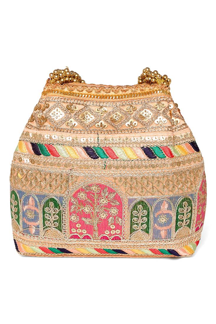 Peach embroidery potli bag handmade wristlet handbag stylish purse ethnic fashion bag for women