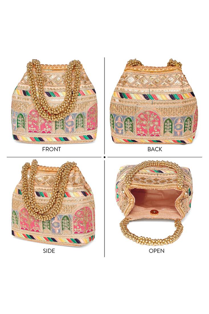Peach embroidery potli bag handmade wristlet handbag stylish purse ethnic fashion bag for women