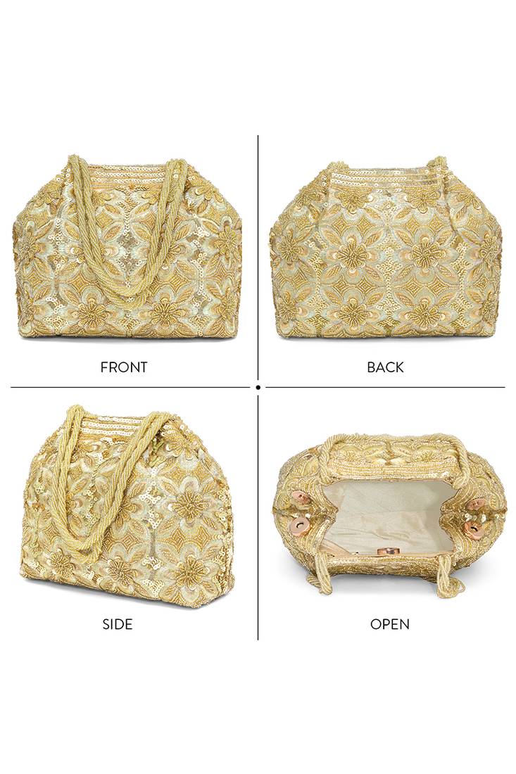 Golden embroidery potli bag ethnic wristlet purse for women & girls