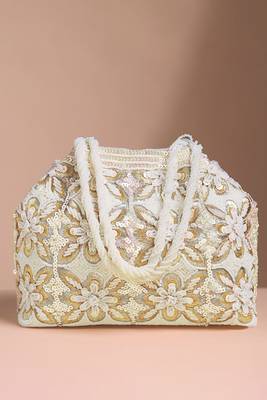 White embroidery potli bag ethnic wristlet purse for women & girls 1