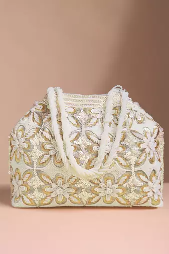 White embroidery potli bag ethnic wristlet purse for women & girls