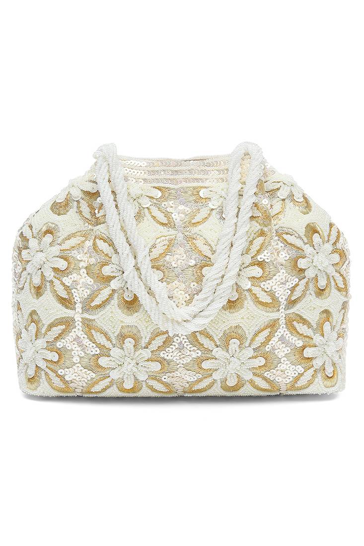 White embroidery potli bag ethnic wristlet purse for women & girls