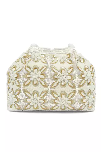 White embroidery potli bag ethnic wristlet purse for women & girls