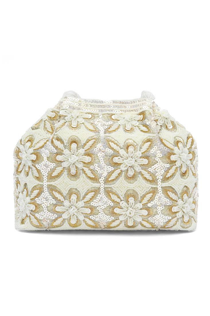 White embroidery potli bag ethnic wristlet purse for women & girls