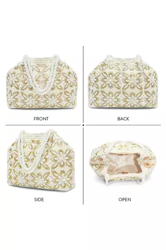 White embroidery potli bag ethnic wristlet purse for women & girls