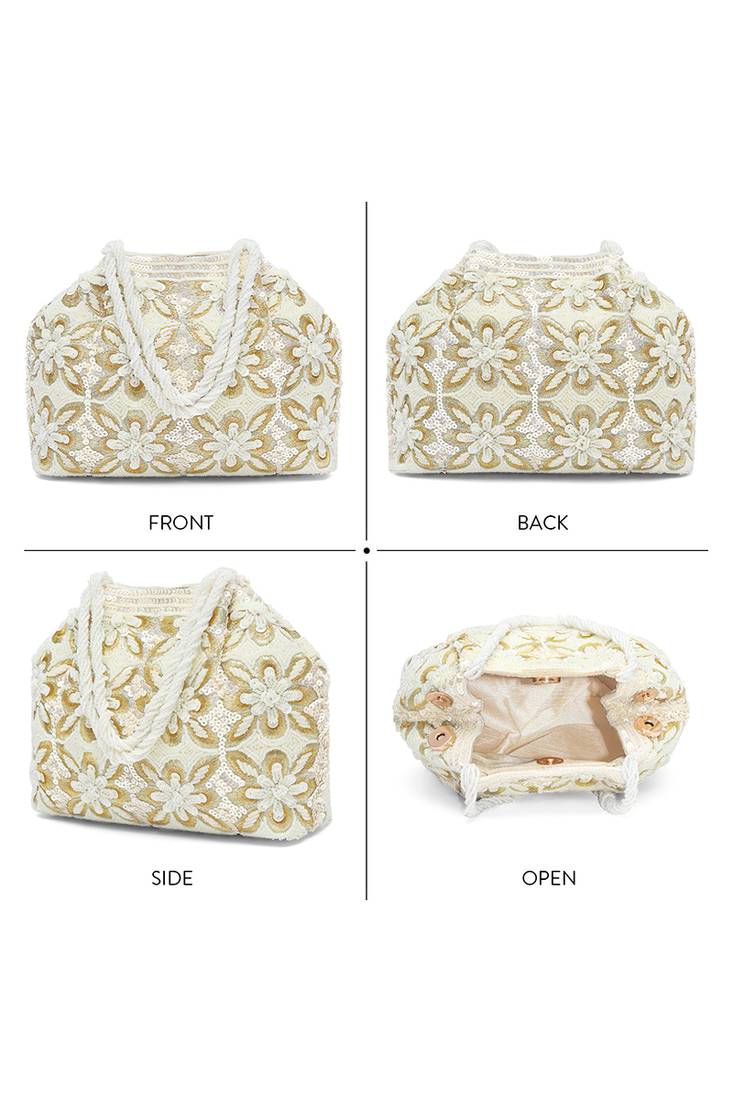 White embroidery potli bag ethnic wristlet purse for women & girls
