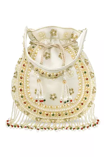 White embellished trendy potli bag ethnic wristlet purse for women & girls