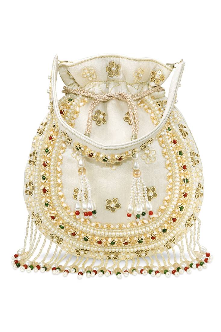 White embellished trendy potli bag ethnic wristlet purse for women & girls
