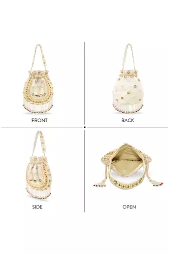 White embellished trendy potli bag ethnic wristlet purse for women & girls