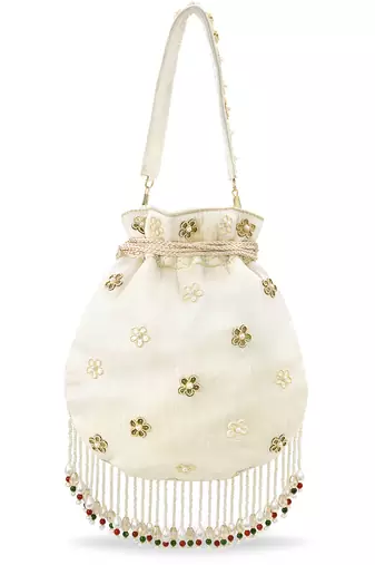 White embellished trendy potli bag ethnic wristlet purse for women & girls