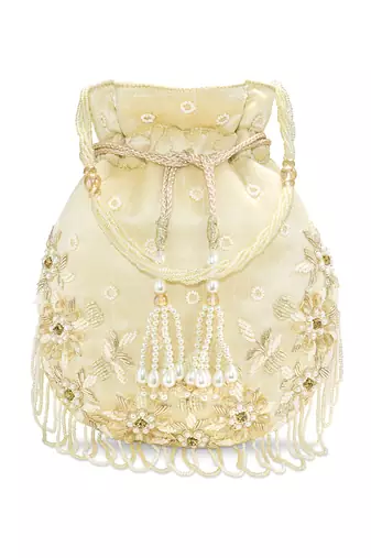 Golden embellished trendy potli bag bridal ethnic wristlet purse for women & girls