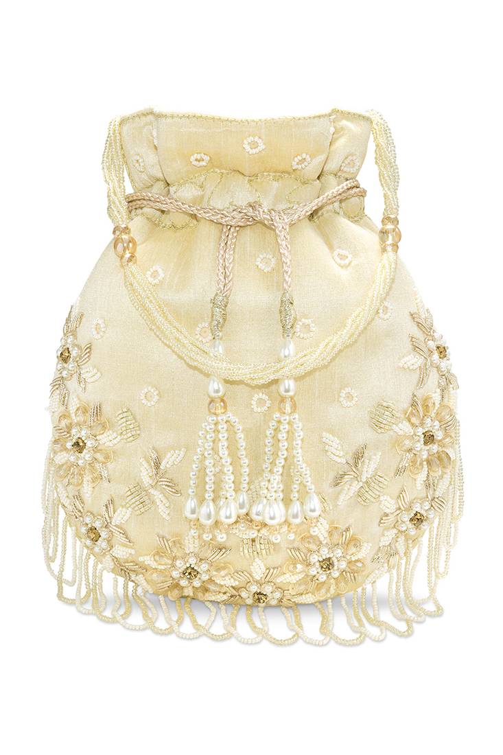 Golden embellished trendy potli bag bridal ethnic wristlet purse for women & girls