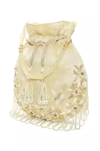 Golden embellished trendy potli bag bridal ethnic wristlet purse for women & girls