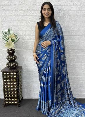 Blue Color Mirror Work Satin Saree 1