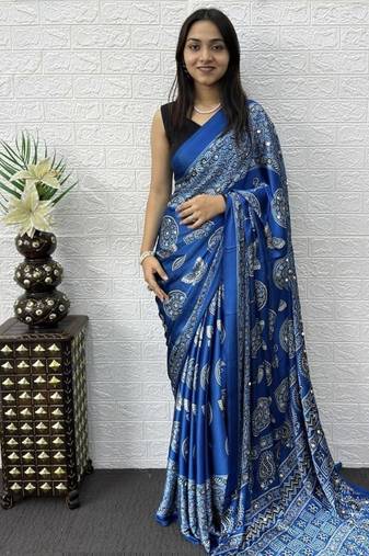 Blue Color Mirror Work Satin Saree
