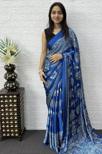 Blue Color Mirror Work Satin Saree