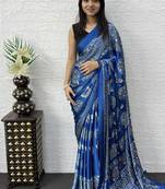 Blue Color Mirror Work Satin Saree