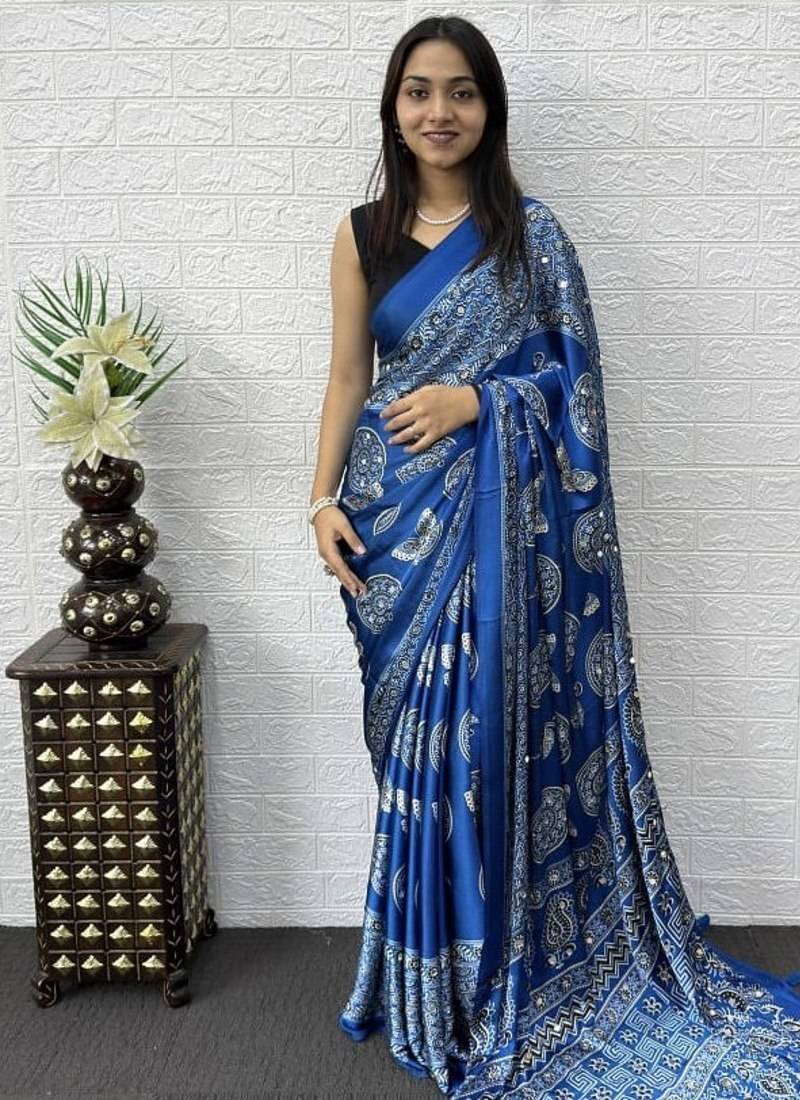 Blue Color Mirror Work Satin Saree