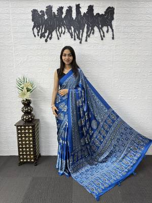 Blue Color Mirror Work Satin Saree 2