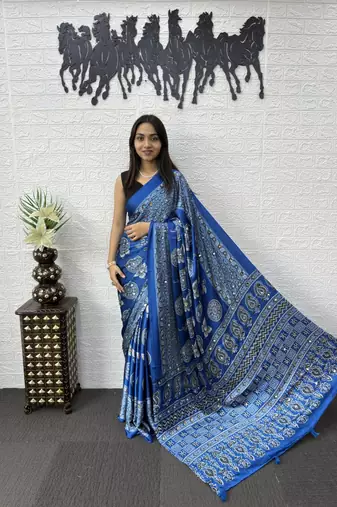 Blue Color Mirror Work Satin Saree