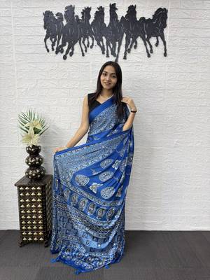 Blue Color Mirror Work Satin Saree 3