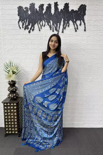 Blue Color Mirror Work Satin Saree