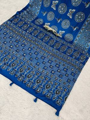 Blue Color Mirror Work Satin Saree 4