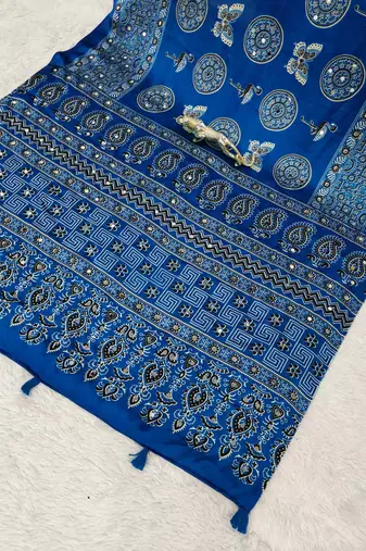 Blue Color Mirror Work Satin Saree