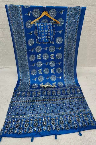 Blue Color Mirror Work Satin Saree