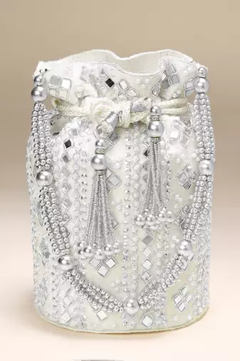Wristlet purse white embellished potli bag handbag for women