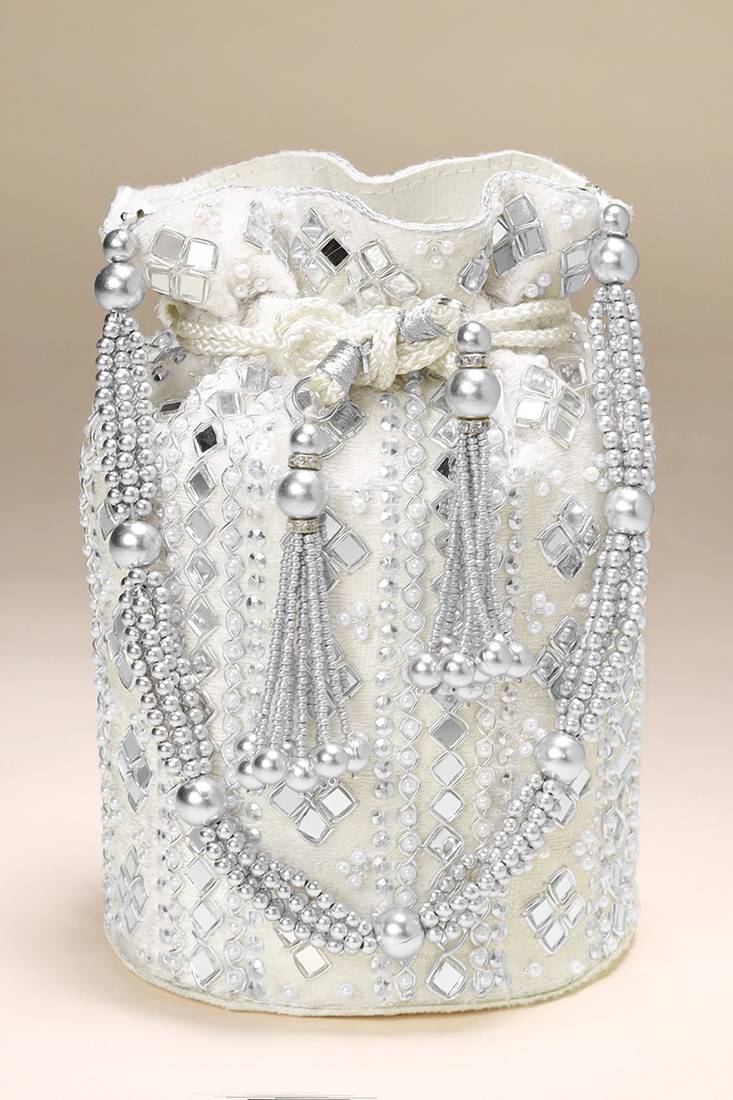 Wristlet purse white embellished potli bag handbag for women