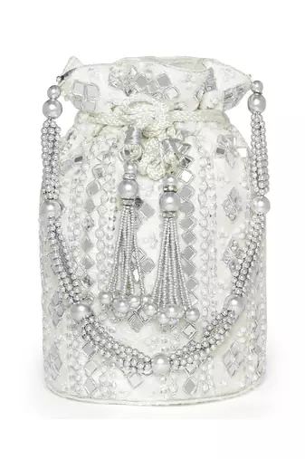 Wristlet purse white embellished potli bag handbag for women