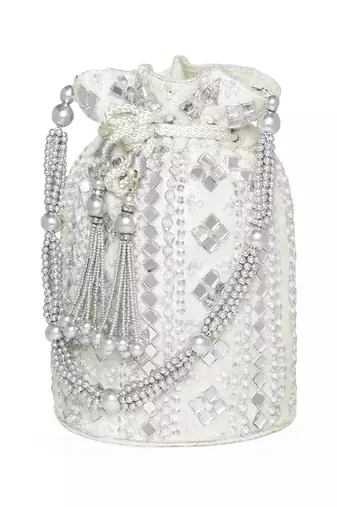 Wristlet purse white embellished potli bag handbag for women