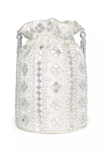 Wristlet purse white embellished potli bag handbag for women