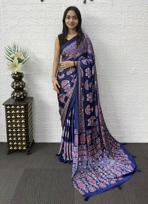 Dark Purple Color Mirror Work Satin Saree 1