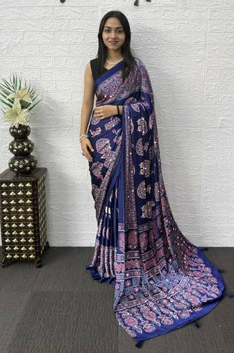 Dark Purple Color Mirror Work Satin Saree