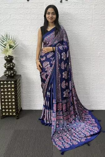 Dark Purple Color Mirror Work Satin Saree