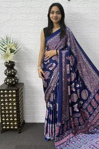 Dark Purple Color Mirror Work Satin Saree
