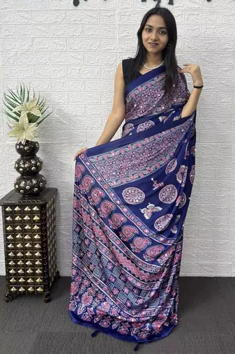 Dark Purple Color Mirror Work Satin Saree