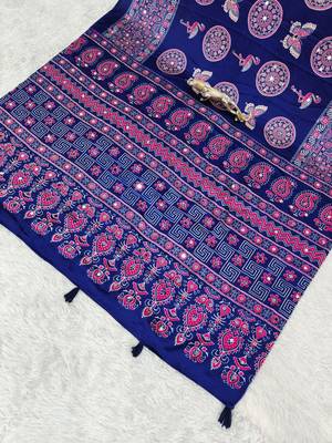 Dark Purple Color Mirror Work Satin Saree 4