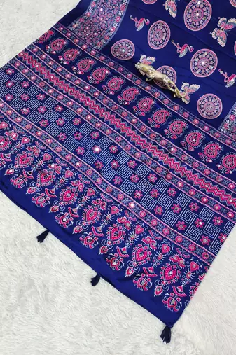 Dark Purple Color Mirror Work Satin Saree