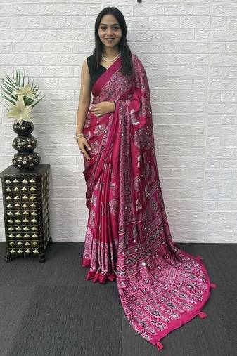 Pink Color Mirror Work Satin Saree