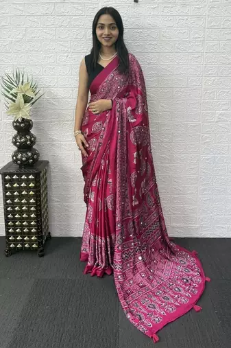 Pink Color Mirror Work Satin Saree