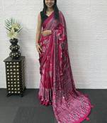 Pink Color Mirror Work Satin Saree