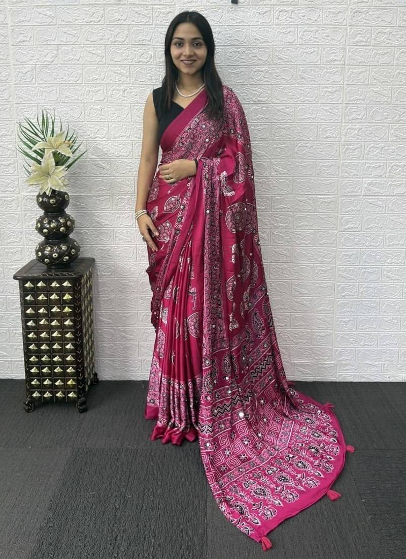 Pink Color Mirror Work Satin Saree
