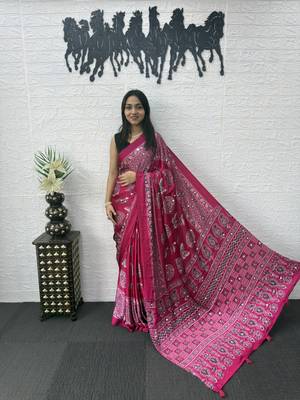 Pink Color Mirror Work Satin Saree 2