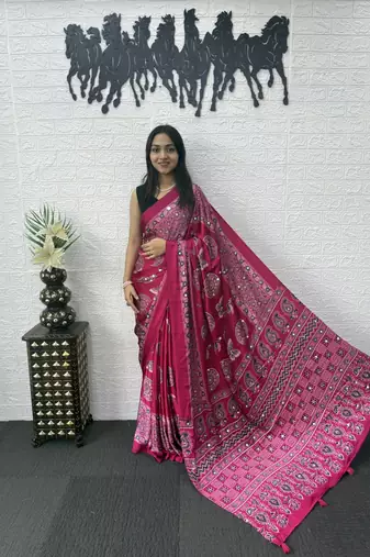 Pink Color Mirror Work Satin Saree