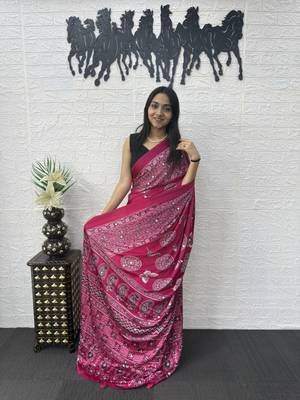 Pink Color Mirror Work Satin Saree 3